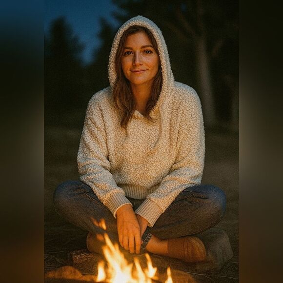 Sherpa Hooded Sweatshirt L Hoodie Oatmeal Drawstring Soft Cozy Comfy Beachy - Picture 1 of 6